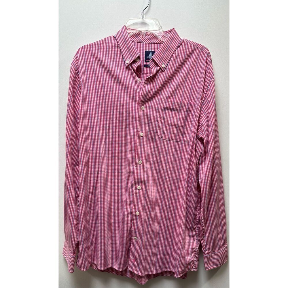 Johnnie O prepformanc men’s pink blue long sleeve button shirt size L #40-1712